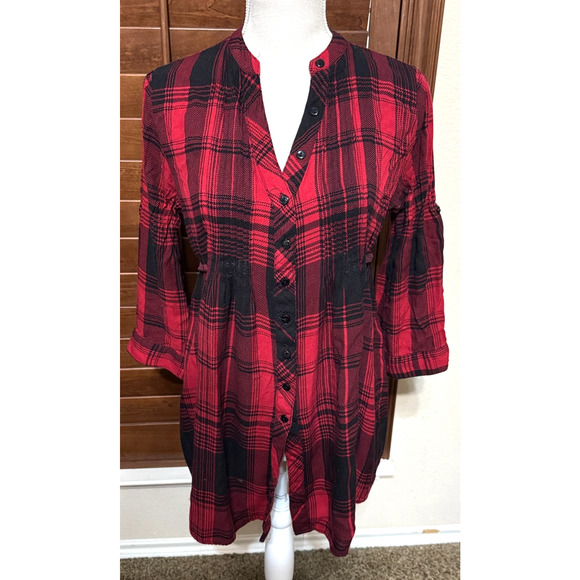 American Rag Cie Black & Red Plaid Tunic Top sz S pleated button front academia - Picture 1 of 7